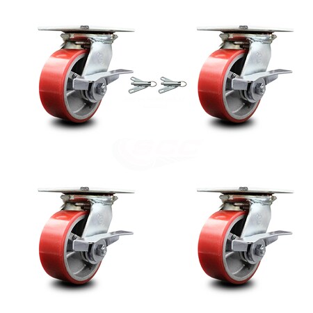 Service Caster 5 Inch Poly on Cast Iron Caster Set with Ball Bearing 4 Brake and 2 Swivel Lock SCC-35S520-PUB-RS-SLB-BSL-2-SLB-2